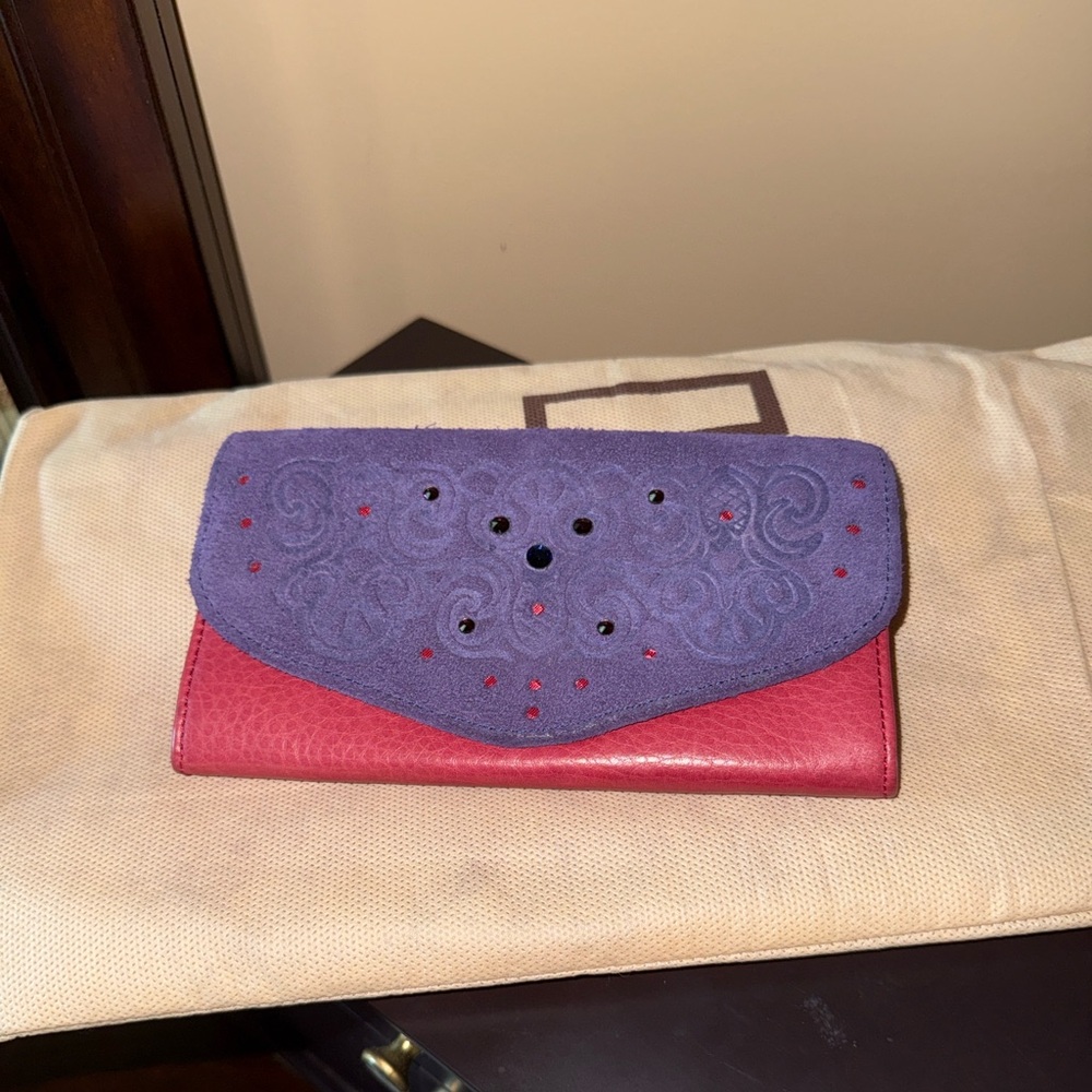 Purple Suede and Red Leather Women’s Wallet with Swarovski crystal accents